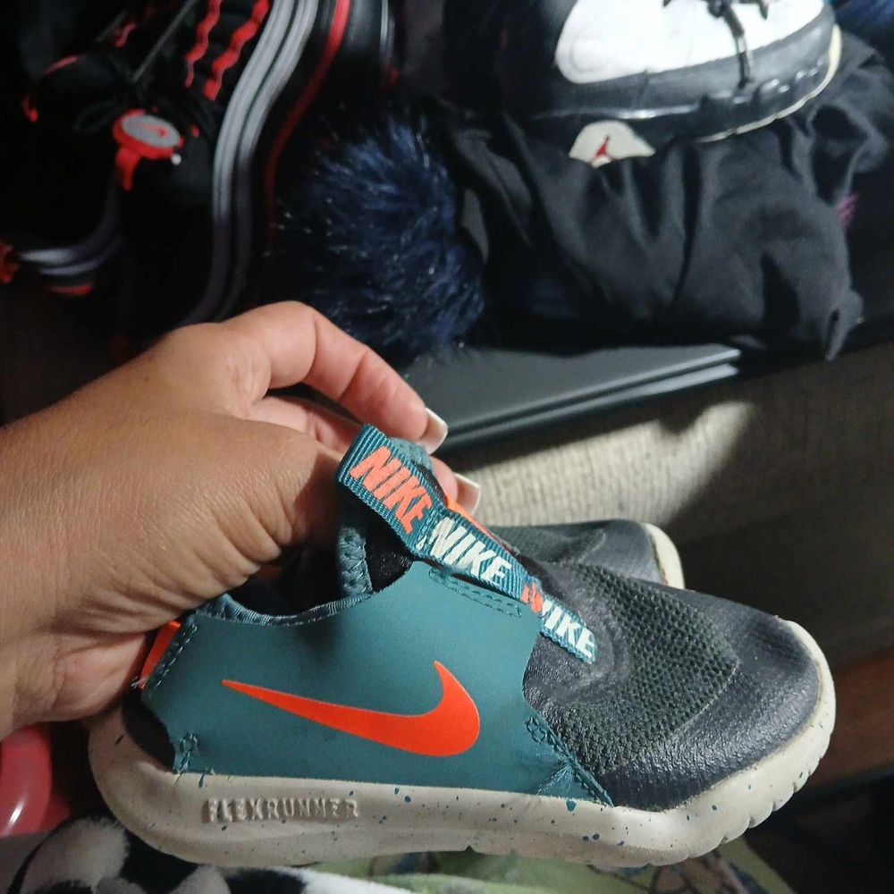 Nike Kids Flex Runner Sneakers - Black and Teal with Orange Accents